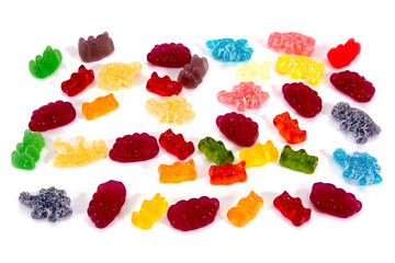 Jelly candy isolated on white background. Mixed jelly fruit and gummy bears candies with other animal.