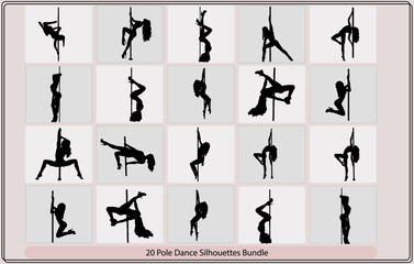 Pole dance women silhouettes,Pole dancer silhouettes,pole girl illustration dancer, Vector setsilhouette of girl and pole Dance, - obrazy, fototapety, plakaty