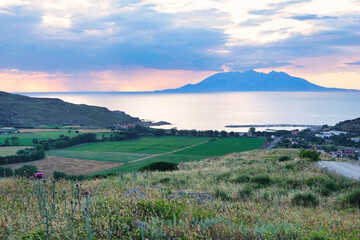 View of Kalekoy village and Samothrace, the Greek island, from Gökçeada Old Bademli village Imbros Gokceada, Çanakkale Turkey