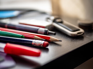Real life Working from Home Office - A typical working from home office desk, compact and ergonomic workstation, complete with a computer or laptop, a keyboard and mouse,  and storage for documents
