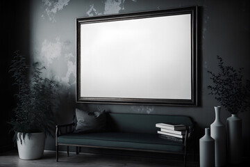 Fototapeta premium Mockup of blank horizontal frame in dark gothic interior