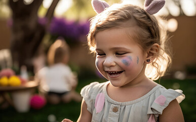 Happy little girl on Easter Egg Hunt created with Generative AI technology