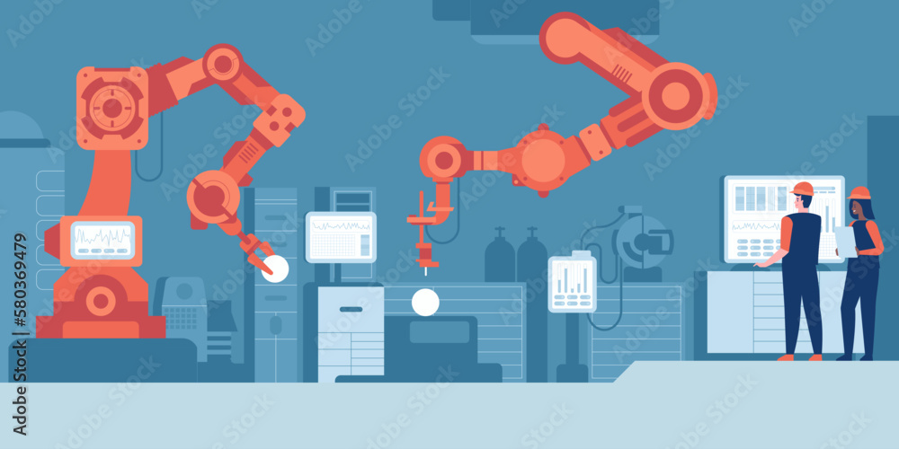 Poster industry 4.0 modern factory. project engineer talks to female operator who controls facility product