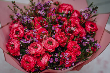 Bunch of flowers. Bouquet closeup. Decoration made of roses, peonies and decorative plants, close-up, selective focus, nobody, objects