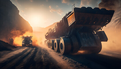 Truck for miner open coal mine with sun light. Generation AI.