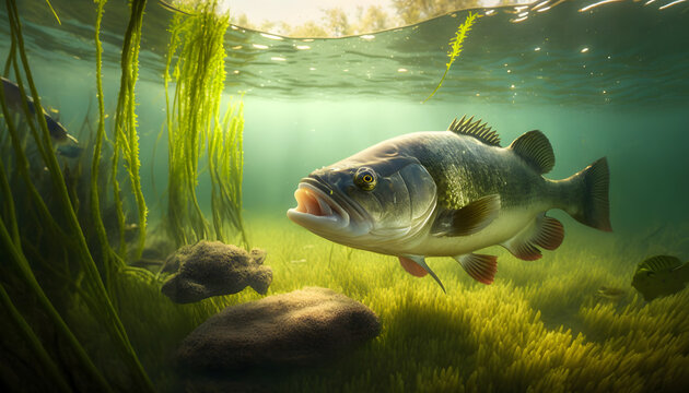 Predatory fish Largemouth bass in habitat under water looking for prey. Sport fishing concept. Generation AI