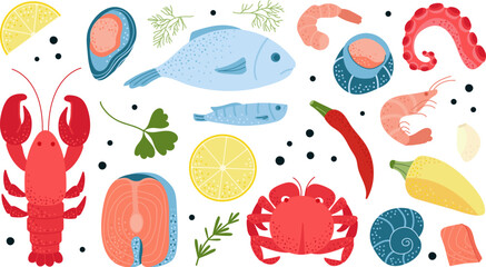 Seafood cartoon flat product. Drawn lobster and rosemary, fish lemon, salmon steak. Healthy sea raw ingredients, crab and shrimp, decent abstract clipart