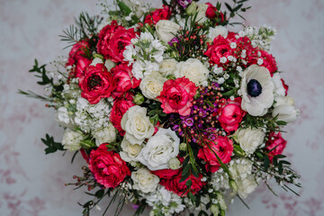 Bunch of flowers. Bouquet closeup. Decoration made of roses, peonies and decorative plants, close-up, selective focus, nobody, objects