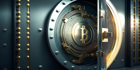 Fototapeta premium Gold Safe deposit with bitcoin logo. Concept symbol of cryptocurrency safety in internet blockchain virtual. Copy space banner. Generation AI