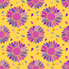 Purple flowers seamless pattern on yellow background