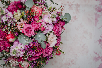 Bunch of flowers. Bouquet closeup. Decoration made of roses, peonies and decorative plants, close-up, selective focus, nobody, objects