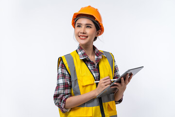 Happy Asian woman engineer and safety helmet with tablet isolated on white background.