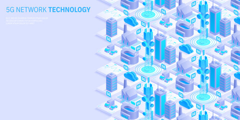 5g network technology concept. Wireless mobile telecommunication service. City buildings with telecommunication towers. Marketing website landing template. Isometric vector illustration.