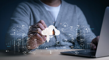 Hand touch virtual cloud computing with Global Internet connection.Business global internet connection technology and access information.