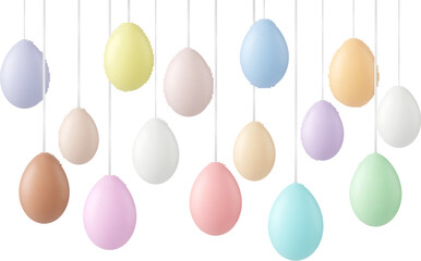 Realistic easter eggs banner, celebration greeting poster with colorful pastel egg. Hang on ropes objects, 3d decorative abstract spring pithy vector decor