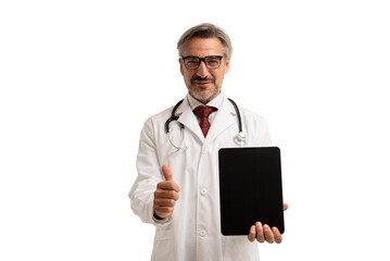 Portrait of senior doctor in doctor coat wearing stethoscope and eye glasses, Showing thumbs up and Digital Tablet Blank Screen. isolated on white background.
