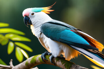 Cockatoo parrot in the treetops in a tropical rainforest. Comforting atmosphere Sunlight lighting.Romantic atmosphere, bright flowers and leaves, exotic plants, vines. Generative AI