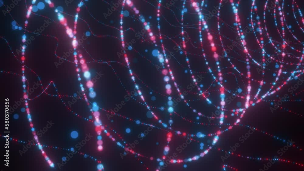 Poster abstract neon spiral shape of many tiny particles on a dark background. motion. spinning bending str