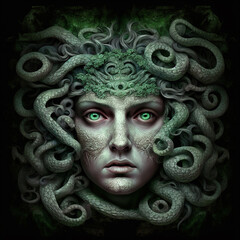 Medusa face with green eyes