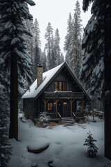 Cozy Cabin in the Woods Surrounded by Snow and Evergreen Trees