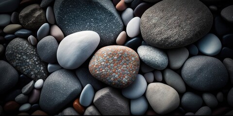 Fototapeta na wymiar Zen mood created by natural pebble-textured sea stones as background, Generative AI