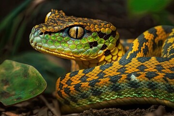 Fototapeta premium Close up of a branch viper snake with the tarpidolaemus wagleri snake. Generative AI