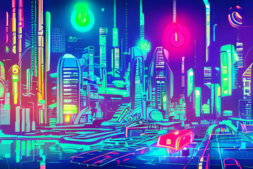 A futuristic cityscape with flying cars and neon lights, high detail, vector art in the style of Blade Runner, generated by AI Technology