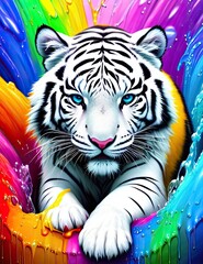 White tiger with rainbow splashes of colors in background