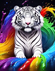 White tiger with rainbow splashes of colors in background