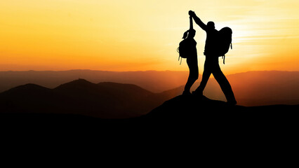 Silhouette of hikers couple mountains forest woods in the morning, landscape panorama, hiking adventure travel success background