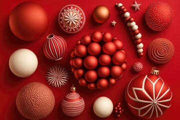 Christmas decorations in the top perspective on a red backdrop. Generative AI
