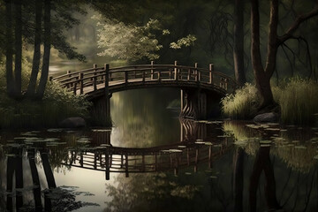A rustic wooden bridge over a tranquil river