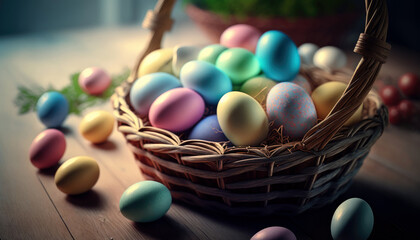 Fototapeta na wymiar Easter egg hamper. Wicker basket full of multicolor easter eggs.