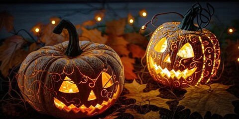 Fairy lights adorn pumpkins for an outdoor Halloween party, Generative AI