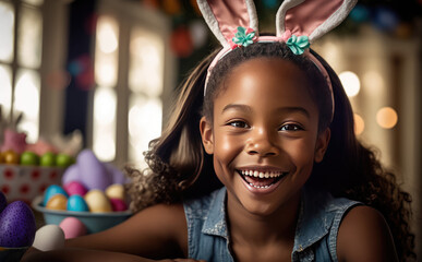 happy girl with easter bunny ears created with Generative AI technology