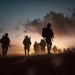 Obraz na płótnie Canvas Military silhouettes on sunset sky background