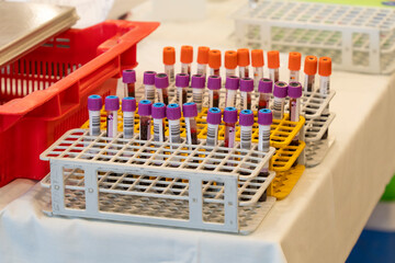 Blood sample tubes at a blood donation