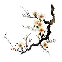 Traditional ink painting style plum tree branches, Beautiful white plum, winter flowers, generated ai.	