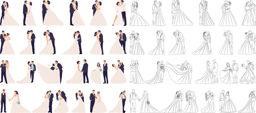 set of bride and groom collection wedding isolated, vector