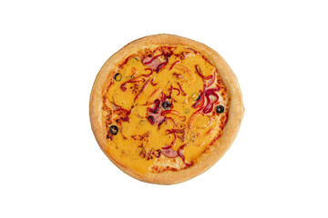 
Pizza with Cheddar, Red Onion and Olives on Rustic Table.
Golden baked pizza topped with melted cheddar cheese, red onion slices and black olives, styled on a wooden background with fresh ingredients