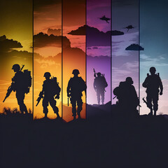 Military silhouettes on sunset sky background banner collage