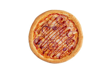 Pizza with Ham, Red Onion and BBQ Sauce on Rustic Table.
Classic round pizza with tomato base, ham, red onion slices and BBQ sauce drizzle, served on a wooden background with fresh ingredients.