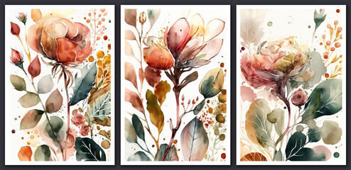 Watercolor floral backgrounds set. Modern loose watercolor.