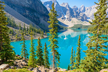 Majestic mountain lake in Canada. Moraine Lake in Alberta, Canada.