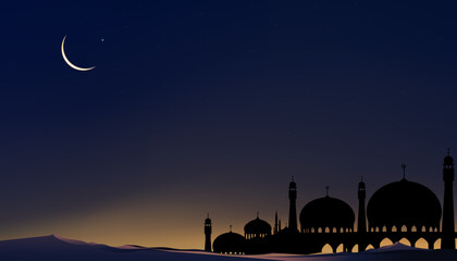 Obraz premium Islamic card with Mosques dome,Crescent moon on blue sky background,Vertical banner Ramadan Night with twilight dusk sky for Islamic religion,Eid al Adha,Eid Mubarak,Eid al fitr,Ramadan Kareem