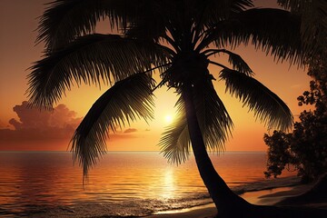 Fototapeta na wymiar At sunset, a seaside coconut palm tree. Generative AI