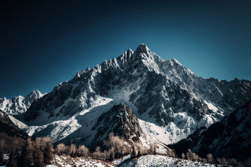 A majestic mountain range covered in snow with clear blue skies above. The peaks stand tall and sharp against the backdrop of the sky.