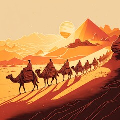 Caravana de camelos caminhando por um deserto arenoso, pôr do sol ao fundo, cores quentes e terrosas. Generative AI - obrazy, fototapety, plakaty