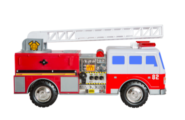 Toy red and white fire truck with blue windows, black wheels, white ladder, red flashing lights and signs “FD” (“Fire Department”), “82”, “Caution Attention” and “Try me”, transparent background png