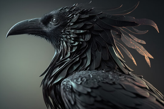 Stylized crow head illustration with feathered beak